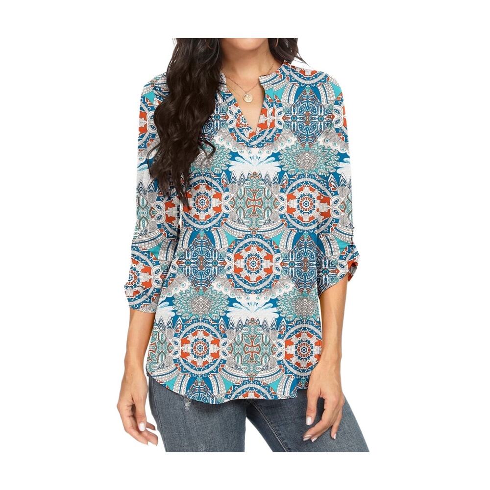 Haute Edition‎ Paisley Patchwork Blouse Size Large Blue Boho Coastal Top